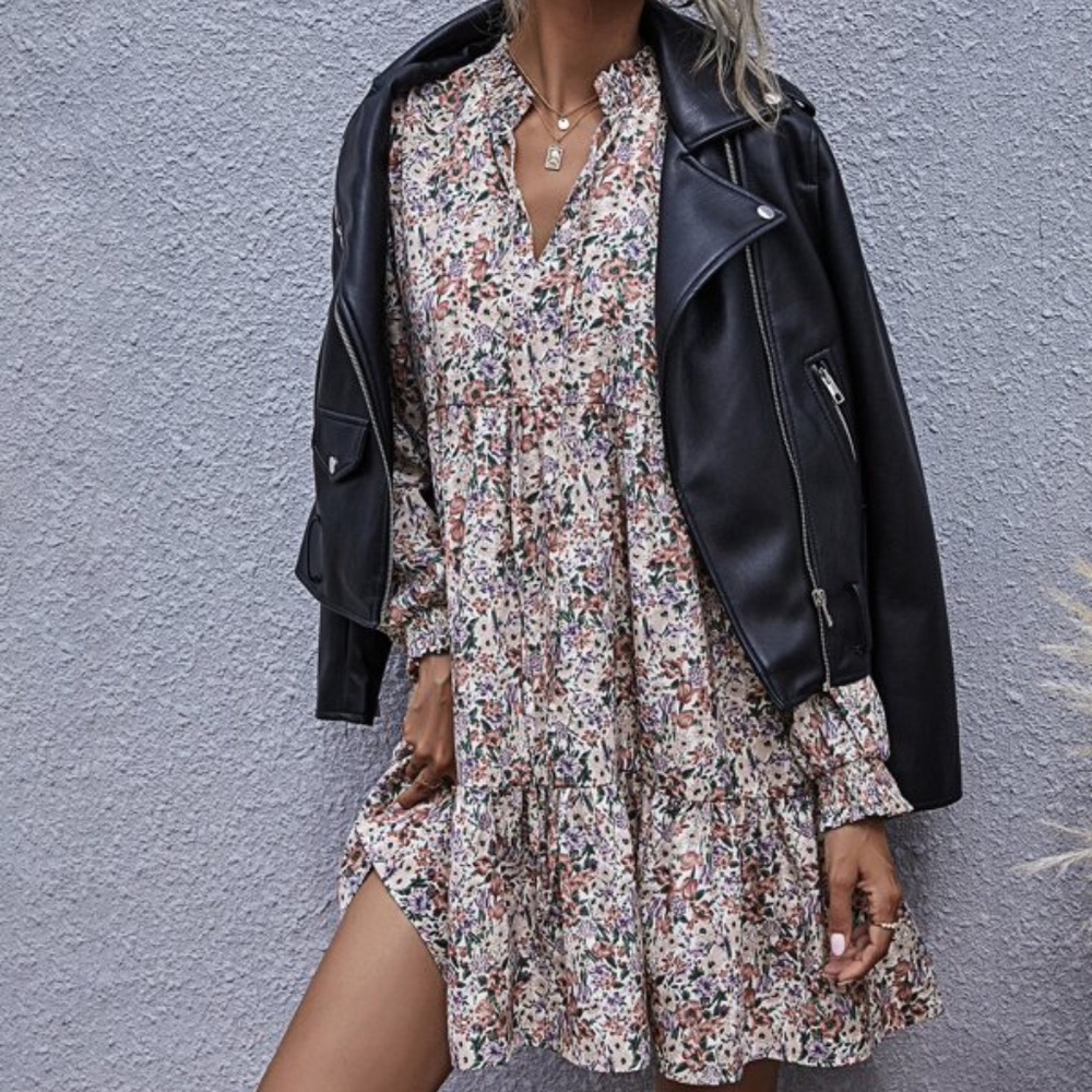 Boho Floral Print Ruffle Babydoll Mini Dress - Picture 2 of 8